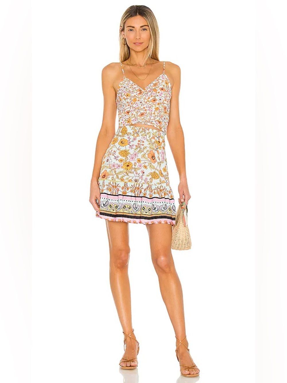 Maaji White Floral Spaghetti Strap Mini Dress with Yellow and Pink Accents
